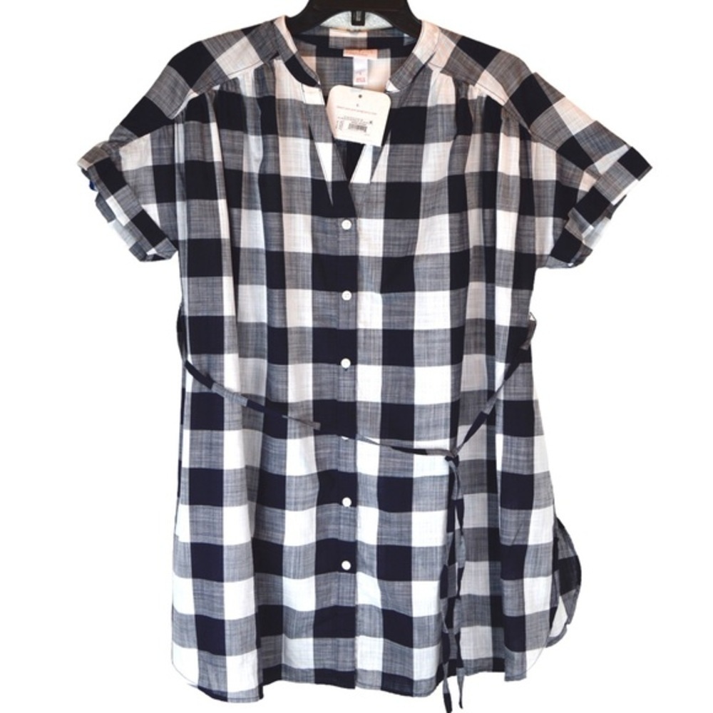 Ingrid & Isabel Navy Gingham‎ Cotton Waist Tie Shirt, Size Large Maternity